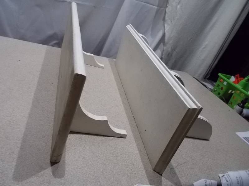 Pair of Off-White Decorative Wooden Wall Shelves with Scrollwork Brackets
