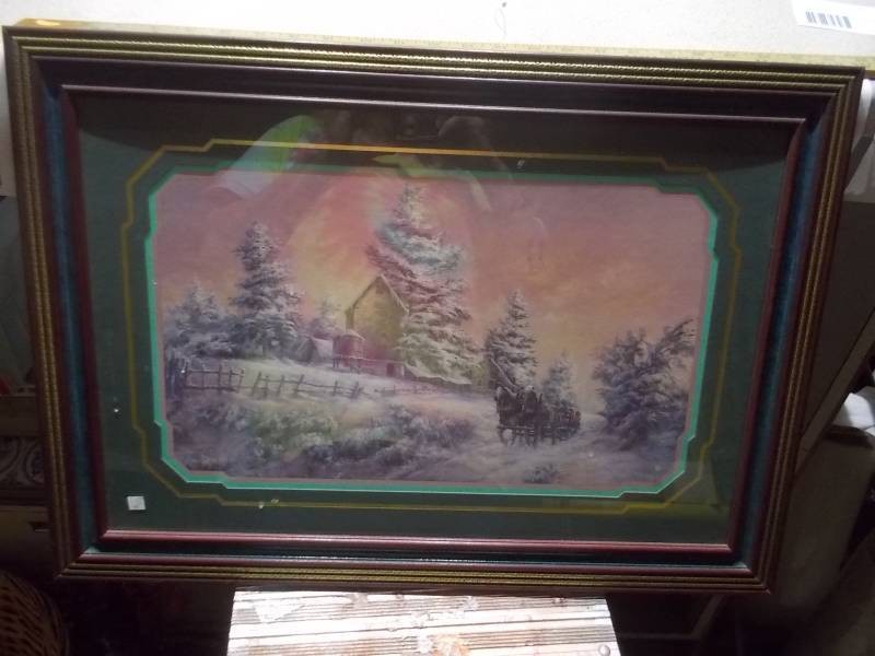 Framed Vintage Winter Countryside Barn Print with Horse-Drawn Sleigh