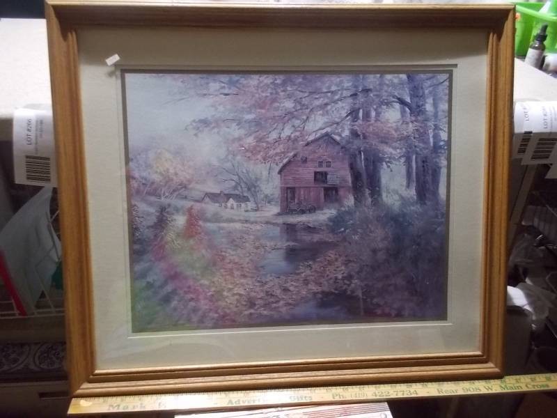 Framed Vintage Countryside Cottage & Mill Scene Print - Signed Art