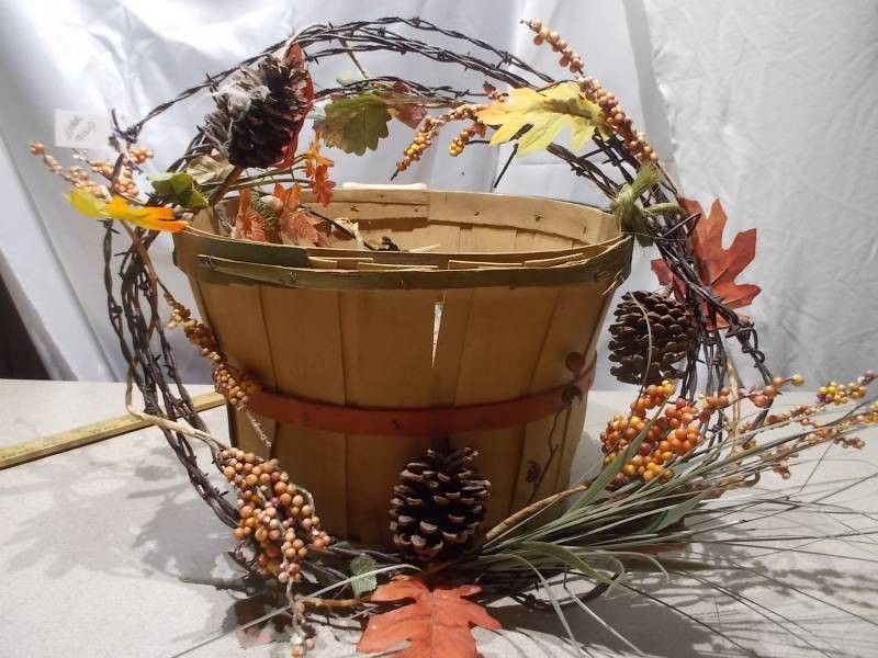 Autumn Wreath with Decorative Wooden Basket Accent and Vintage Barbed Wire