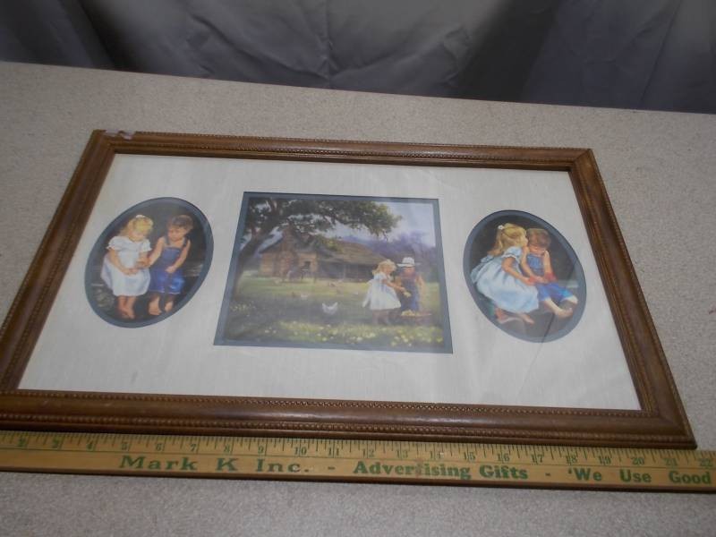 Framed Country Home Wall Art Print with Oval Inset Accent Portraits