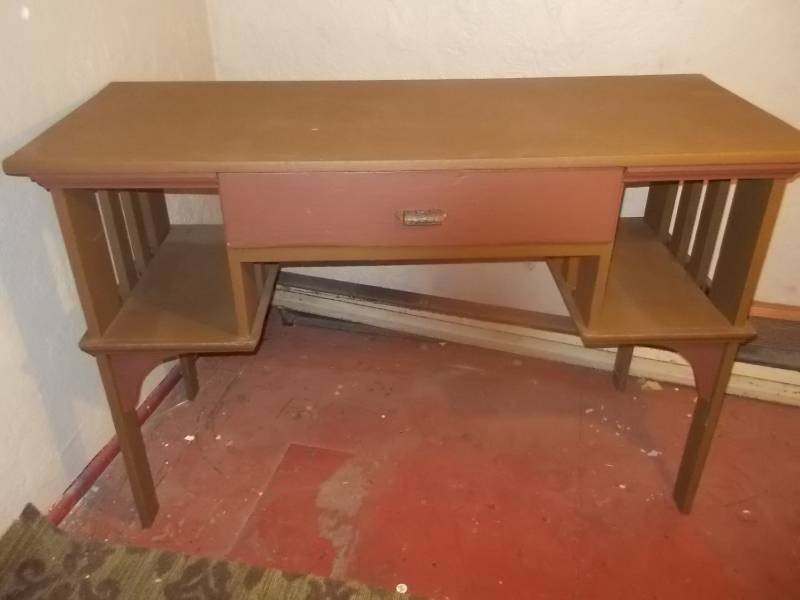 Mission Style Wooden Console Desk Table with Central Drawer and Open Side Shelving