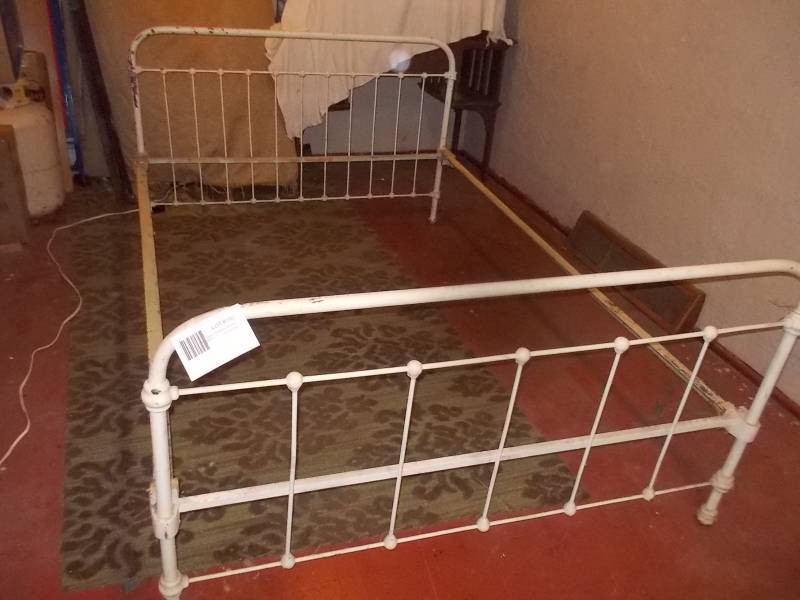 Vintage White Painted Wrought Iron Twin Bed Frame with Headboard, Footboard, and Rails
