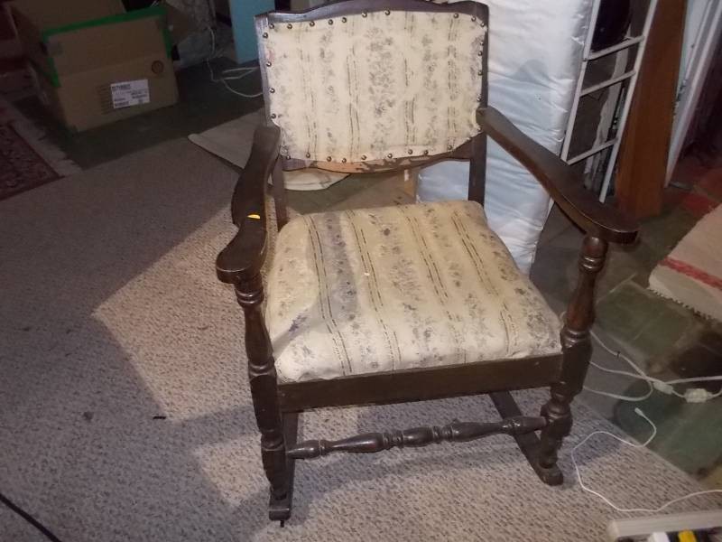 Vintage Wooden Rocking Chair with Striped Upholstered Seat & Armrests