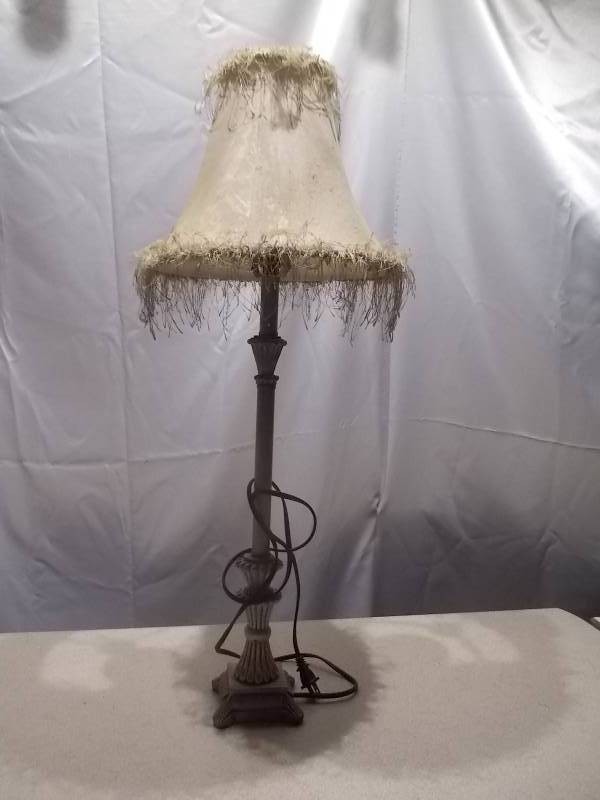 Vintage Table Lamp with Fringed Fabric Shade & Carved Column Base