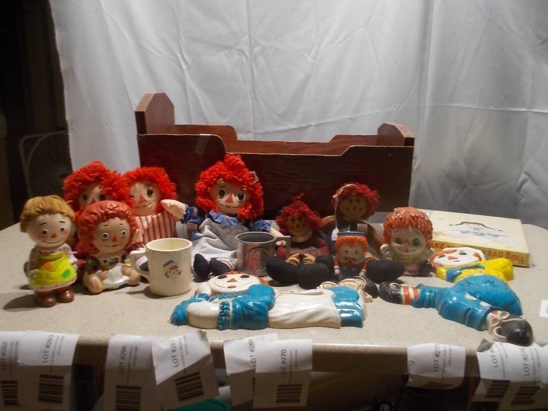 Vintage Raggedy Ann & Andy Collectibles Lot - Dolls, Wooden Cradle, Mugs & Figurines