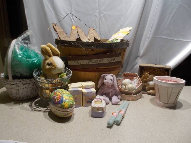 Easter & Spring Decor Lot - Wooden Bunnies, Decorative Eggs, Candles, Planters & Accents
