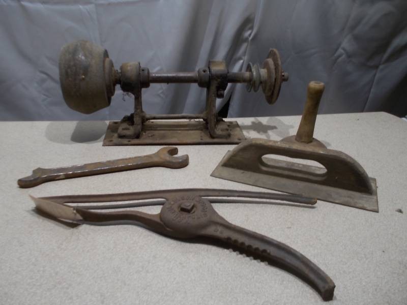 Vintage Hand Tools & Hardware Lot - Bench Grinder  Arbor, Trowel, Wrench & Tongs