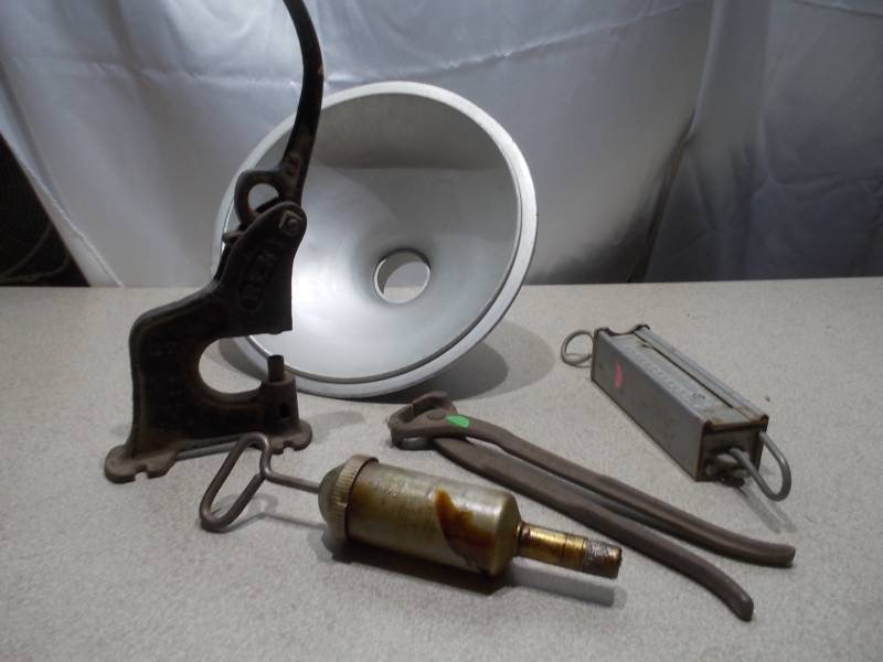 Vintage Industrial & Farm Tools Lot - Cast Iron Press, Hanging Scale, Lamp Shade & Accessories