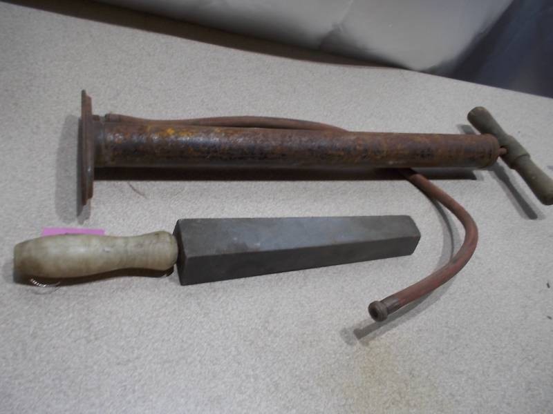 Vintage Hand Tools Lot - Tapered Metal File & Tire Pump Hose Assembly with Gauge