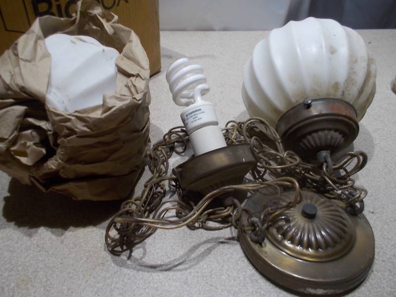 Vintage Brass & Fluted White Opaline Glass Pendant Light Fixture