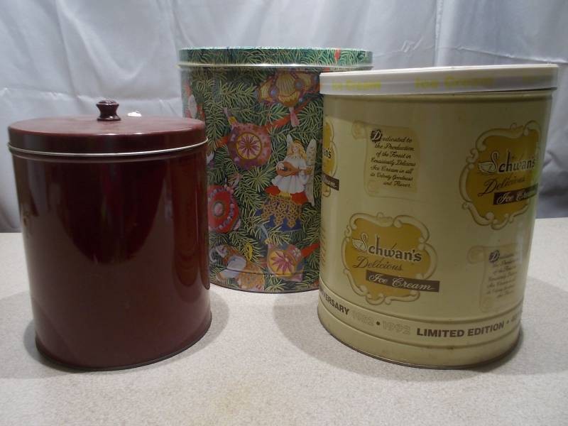 Vintage Metal Kitchen Tins Lot - Decorative Floral & Ice Cream Storage Canisters