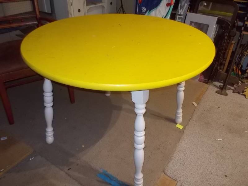 Vintage Country Cottage Round Dining Table with Bright Yellow Top & White Spindle Legs