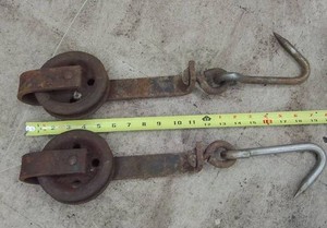 2 VINTAGE MEAT HOOKS WITH PULLEY TROLLY