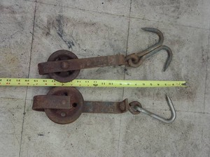 2 VINTAGE MEAT HOOKS WITH PULLEY TROLLY