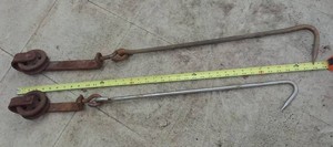 2 VINTAGE MEAT HOOKS WITH PULLEY TROLLY