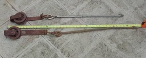 2 VINTAGE MEAT HOOKS WITH PULLEY TROLLY