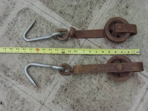 2 VINTAGE MEAT HOOKS WITH PULLEY TROLLY