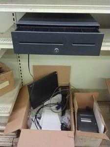 LOCKING CASH BOX WITH MONITOR AND EASY SCAN PRINTER ON POLE