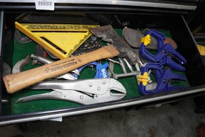 Contents of Drawer - Roofing Hatchet, Clamps