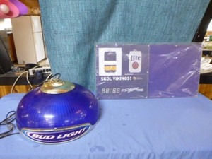 Bud Light Hanging Light and Miller Lite Skol Vikings Clock