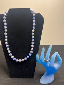 Chinese Floral Cloisonne Enamel Beaded Necklace w Hand Knots & Sterling Silver Ring
