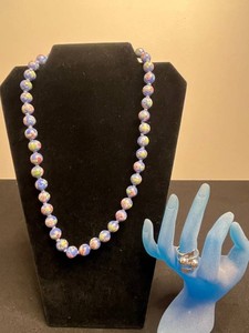Chinese Floral Cloisonne Enamel Beaded Necklace w Hand Knots & Sterling Silver Ring