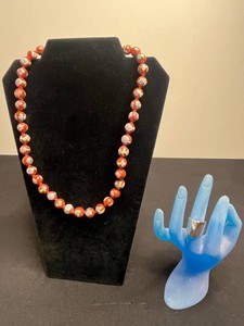 Chinese Floral Cloisonne Enamel Bead Necklace w Hand Knots & Sterling Silver Ring