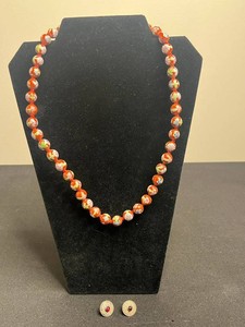 Chinese Floral Cloisonne Enamel Bead Necklace w Hand Knots & Filigree Sterling Silver Earrings