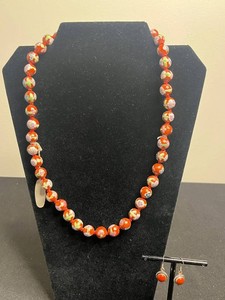 Chinese Floral Cloisonne Enamel Bead Necklace w Hand Knots & Coordinating Sterling Silver Earrings