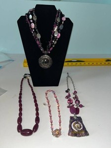 VTG Costume Jewelry Necklaces - Beaded Purple, Pink & Statement Designs (Lot of 4)