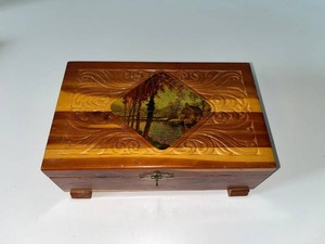 VTG Wooden Keepsake Box - Carved Scrollwork Scenic Landscape Lid