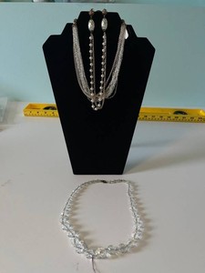 VTG Costume Jewelry - Multi-Strand Necklace, Earrings & Clear-Bead Necklace Mixed Lot