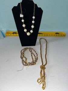 VTG Costume Jewelry Necklaces - White Beaded, Multistrand & Gold-Tone Lariat (Lot of 3)