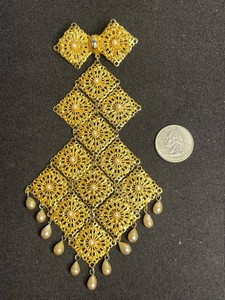 Statement Brooch - Gold-Tone Filigree Bib Brooch With Pearlescent Drops