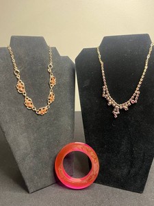 VTG Costume Jewelry - 2 Necklaces & Pink-Red Bangle (Lot of 3)