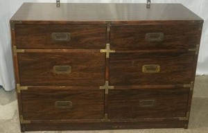 Vintage Mid Century Campaign Style Wooden Chest of Drawers with Mirror 44x18x30