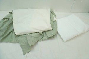 Sage trim bed skirt and flannel flat sheet