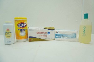 Johnson baby powder, Clorox wipes, exam gloves, face masks, Avon bath oil