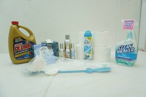 shower cleaner, liquid plumr(partial bottle), TP, room deodorizers, tissues, toilet bowl brush (new)