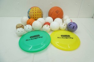 large group of wiffle balls, basketballs, Frisbees, small plastic balls