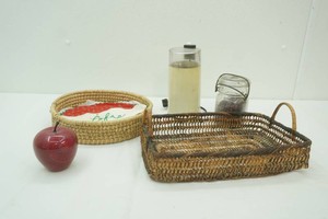 coffee beans and grinder, round woven basket, rectangle basket glass apple