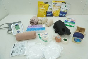 first aid supplies, ace wraps, blood pressure machine, face masks