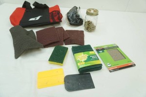sand paper, Scotch Brite pads, screws, steel wool