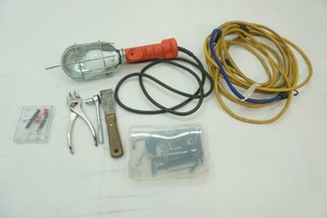 extension cord, drop light, tools