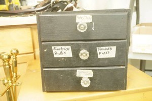3 drawer cabinet with hose clamps, electric supplies, nails 12 x 14 x 11