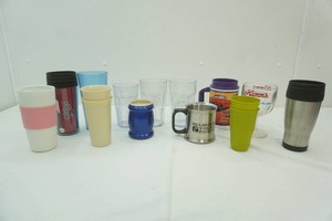 group of travel mugs, Pepsi tumblers, Hamms beer glass