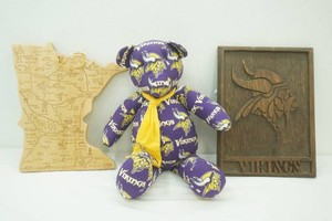 Minnesota cutting board, Viking stuffed bear and wood sign