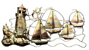 Vintage Nautical Metal Wall Art - Brass & Copper Lighthouse Sailboats