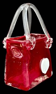 Vintage Art Glass Purse Vase - Red With White Heart